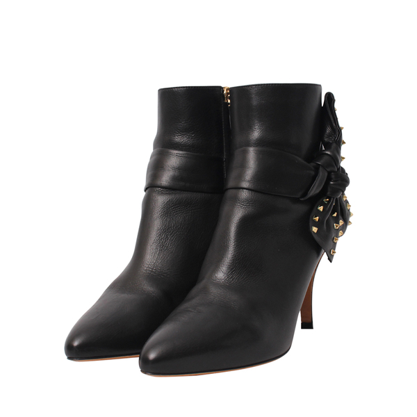 Leather Rockstud Bow Ankle Boots Black