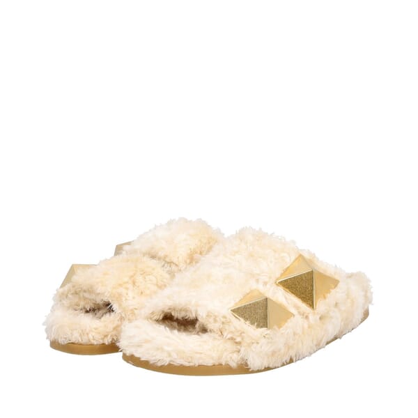 Shearling Roman Stud Slides Cream