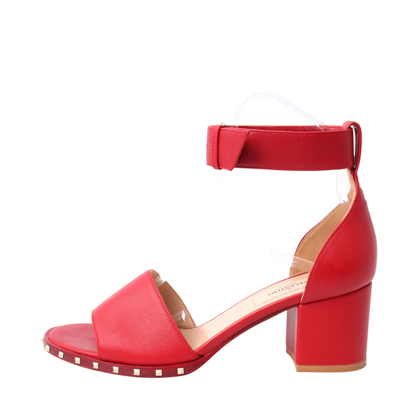 Leather Rockstud City Block Heel Sandal Red