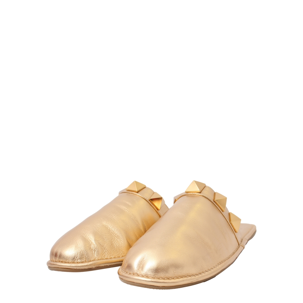 VALENTINO Leather Roman Stud Flat Mules Metallic Gold | Luxity