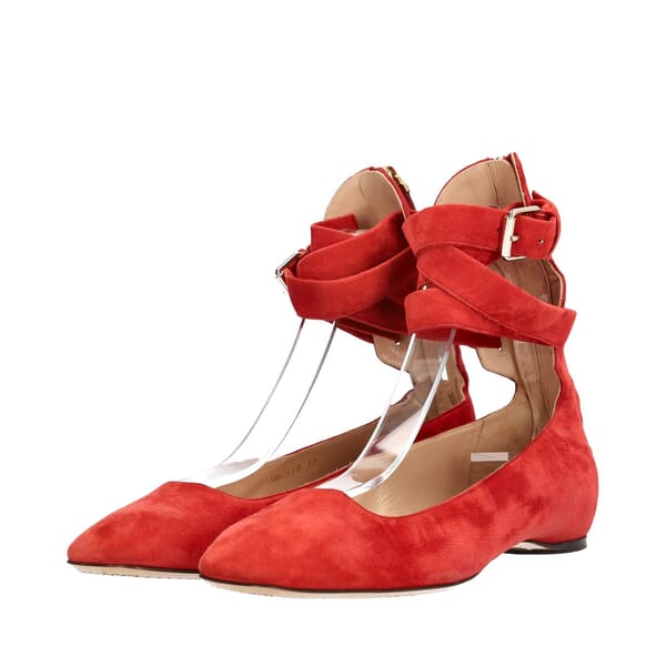 Suede Ankle Wrap Ballet Flats Red