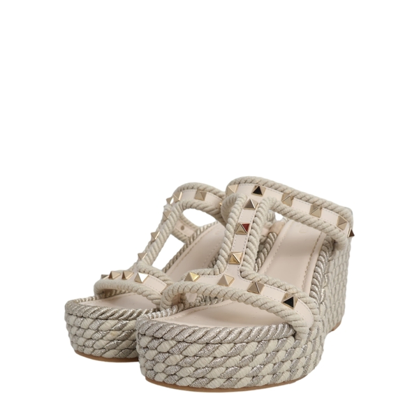 Leather/Rope Rockstud Torchon Wedge Espadrilles Ivory