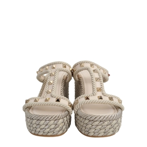 Leather/Rope Rockstud Torchon Wedge Espadrilles Ivory, view 3