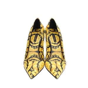 Leather Barocco Print Medusa Pumps Black/Yellow, view 4