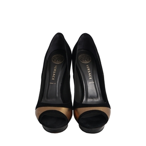 Suede/Leather Open Toe Platform Pumps Black/Gold, view 3