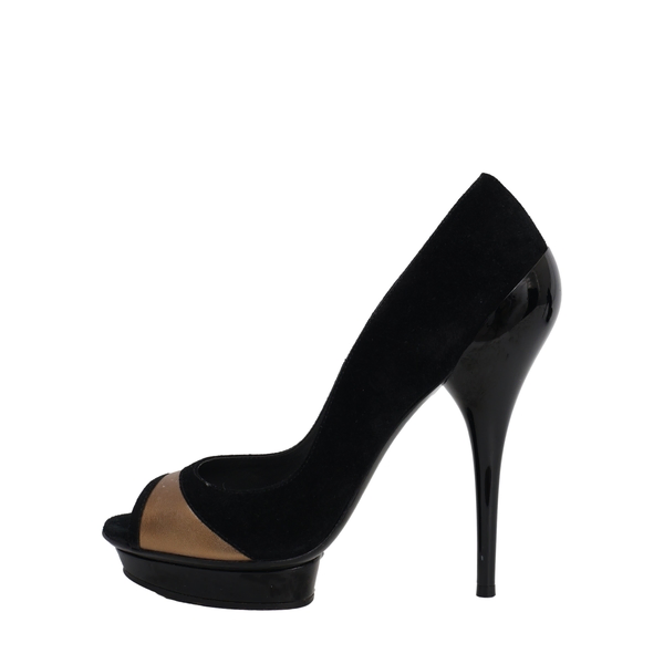 Suede/Leather Open Toe Platform Pumps Black/Gold