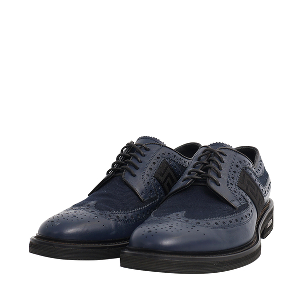 Leather/Canvas Greca Lace Up Derby Shoes Navy