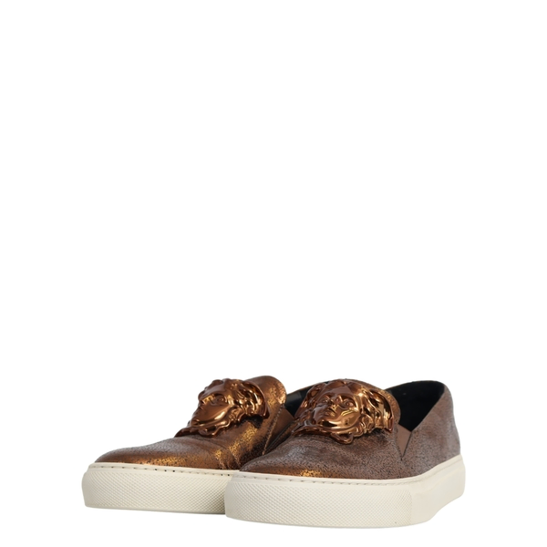 Aged Leather Medusa Slip On Sneakers Metallic Bronze