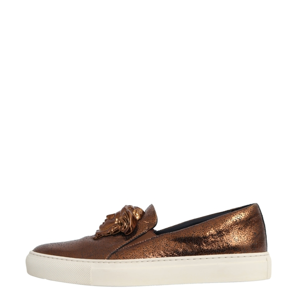 Aged Leather Medusa Slip On Sneakers Metallic Bronze