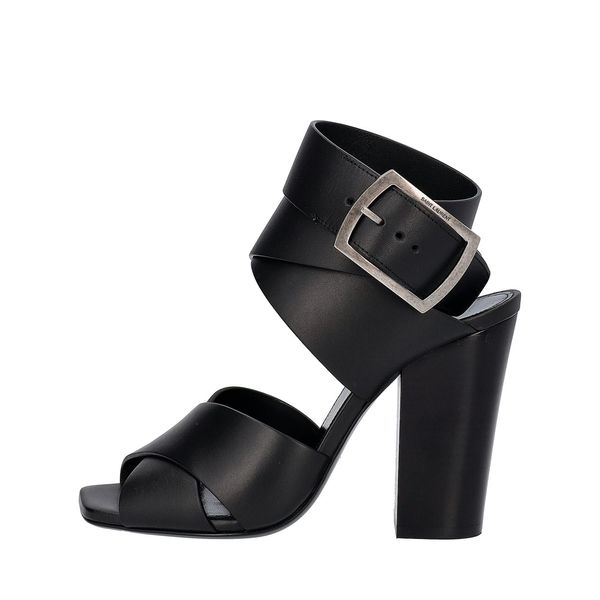 Leather Block Heel Ankle Strap Sandals Black