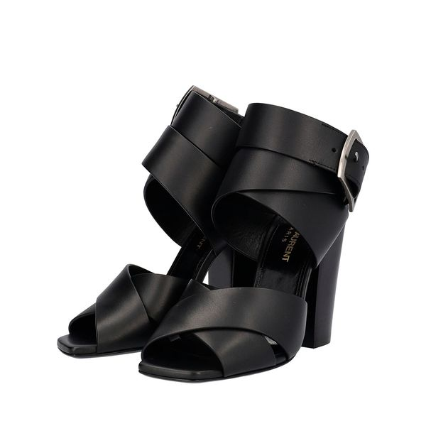 Leather Block Heel Ankle Strap Sandals Black