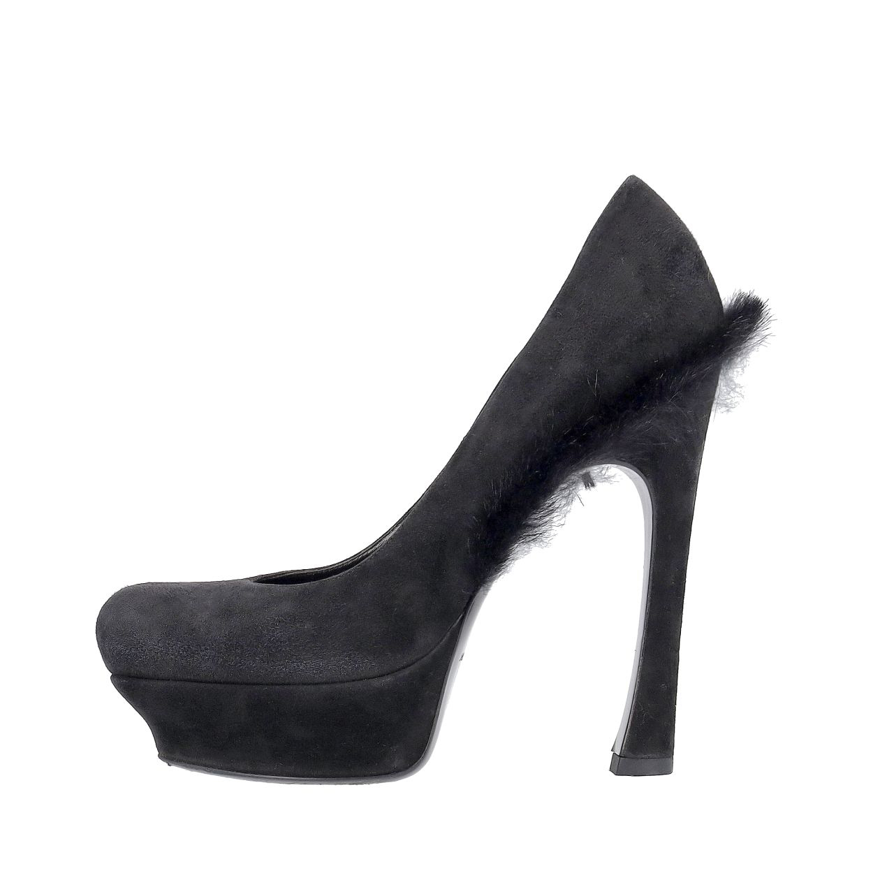 SAINT LAURENT Suede Fur Palais Platform Pumps Black | Luxity