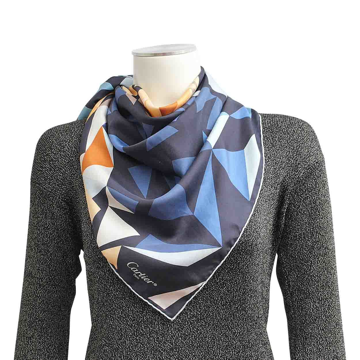 CARTIER Panther Pixel Motif Silk Scarf Blue | Luxity