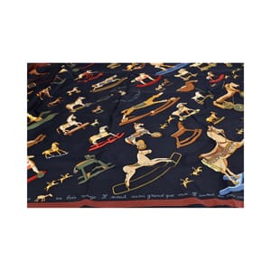 Vintage Silk Raconte Moi le Cheval Scarf Navy/Burgundy, view 3