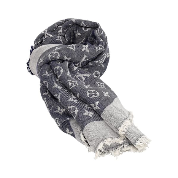 Silk Wool Monogram Denim Shawl White/Blue