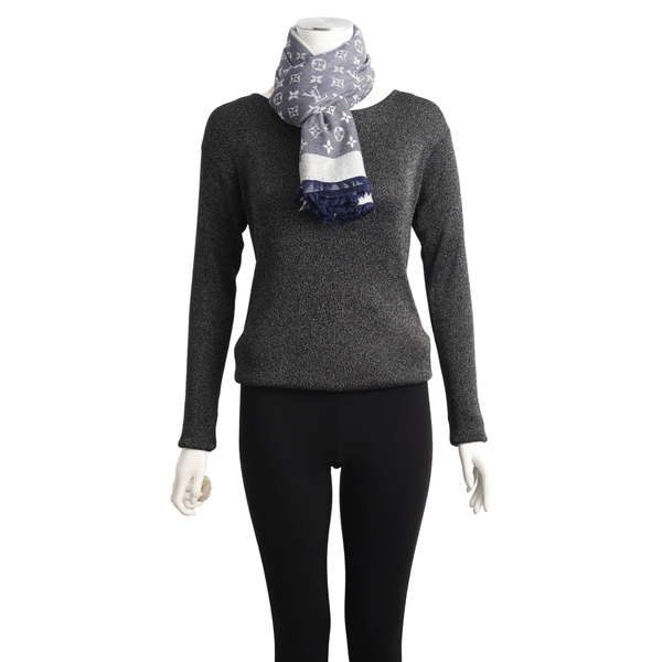 Silk Wool Monogram Denim Shawl White/Blue