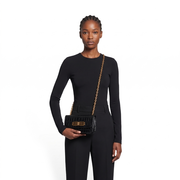 Croc Embossed Chain Wallet Black