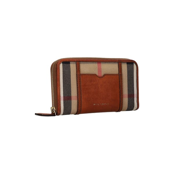 Leather/Canvas Check Zip Around Wallet Tan