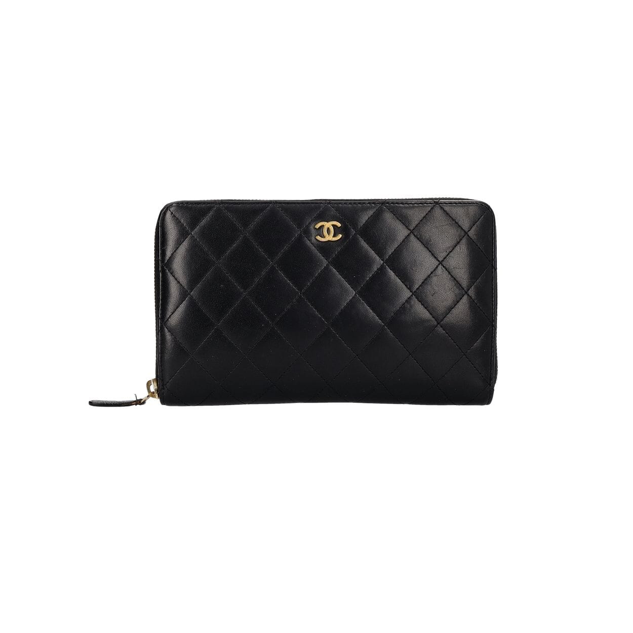 Quilted Leather Zip Around Wallet Black
