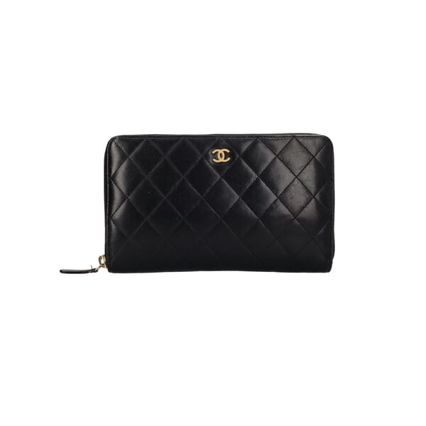 Quilted Leather Zip Around Wallet Black