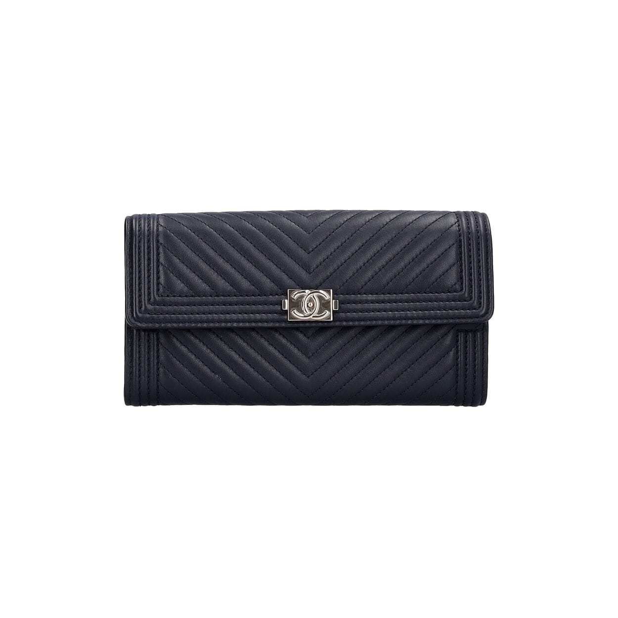 Chevron Leather Long Boy Flap Wallet Navy