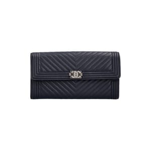 Chevron Leather Long Boy Flap Wallet Navy