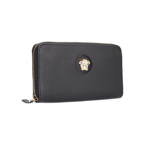 Leather Medusa Zip Around Wallet Black