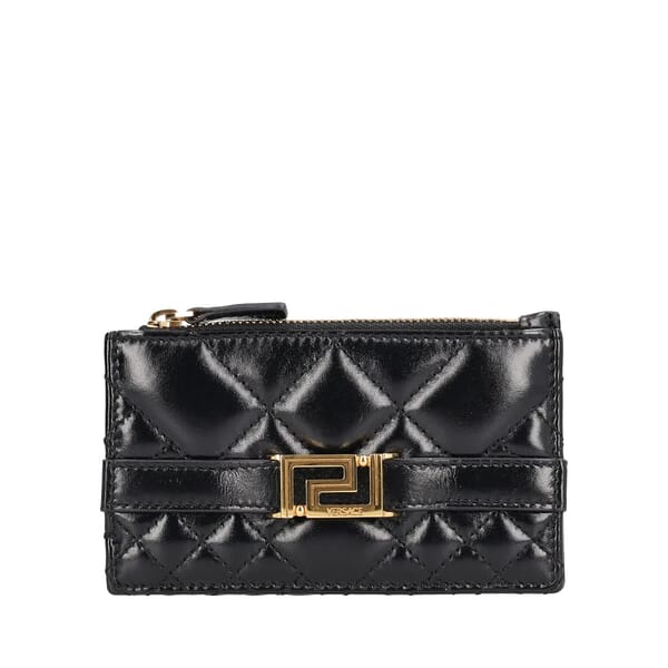 Quilted Leather Greca Card Holder Black