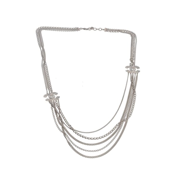 Crystal Logo Chains Long Necklace Silver Tone