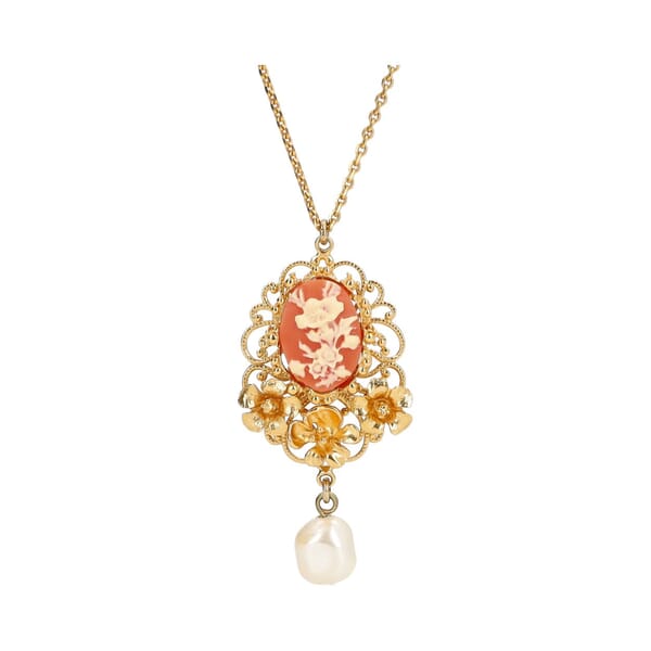 Gold Tone Metal Cameo Pearl Pendant Pink