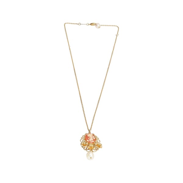 Gold Tone Metal Cameo Pearl Pendant Pink