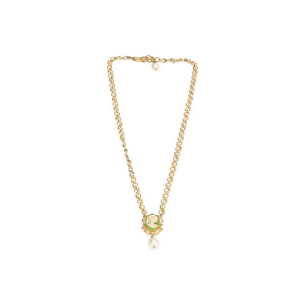 Gold Tone Metal Cameo Pearl Pendant Green