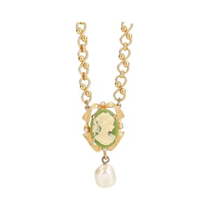 Gold Tone Metal Cameo Pearl Pendant Green