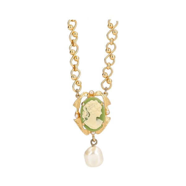 Gold Tone Metal Cameo Pearl Pendant Green
