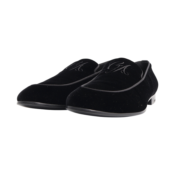 Velvet Logo Embroidered Loafers Black