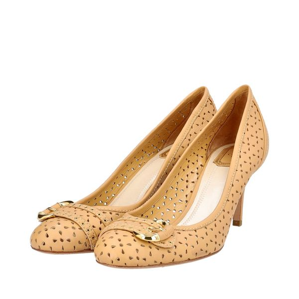 Perforated Leather Buckle Pumps Tan