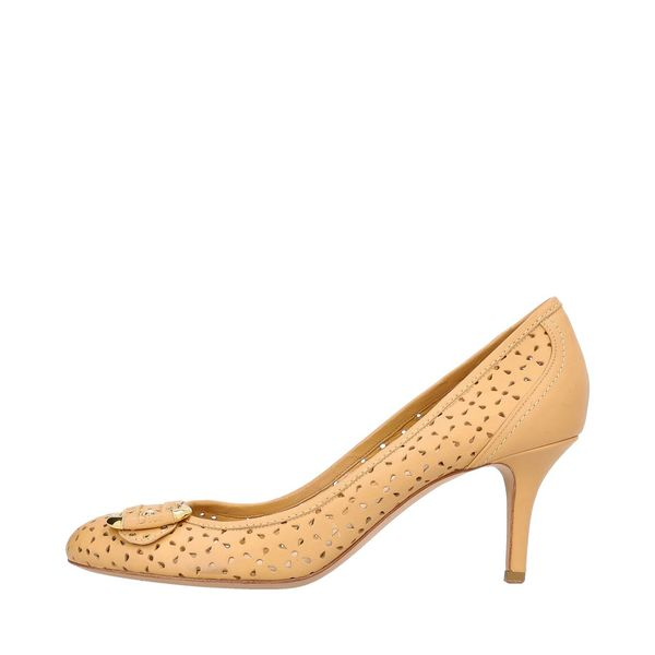 Perforated Leather Buckle Pumps Tan