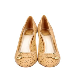 Perforated Leather Buckle Pumps Tan, view 3