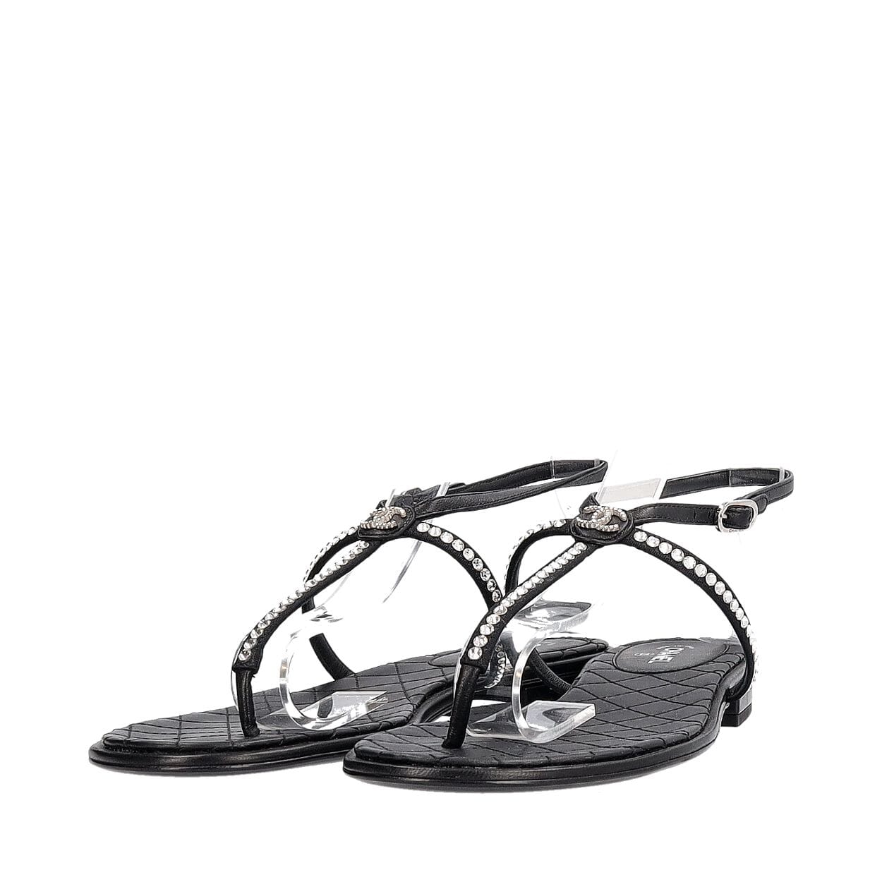 Leather Crystal Embellished Thong Sandals Black