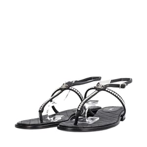 Leather Crystal Embellished Thong Sandals Black