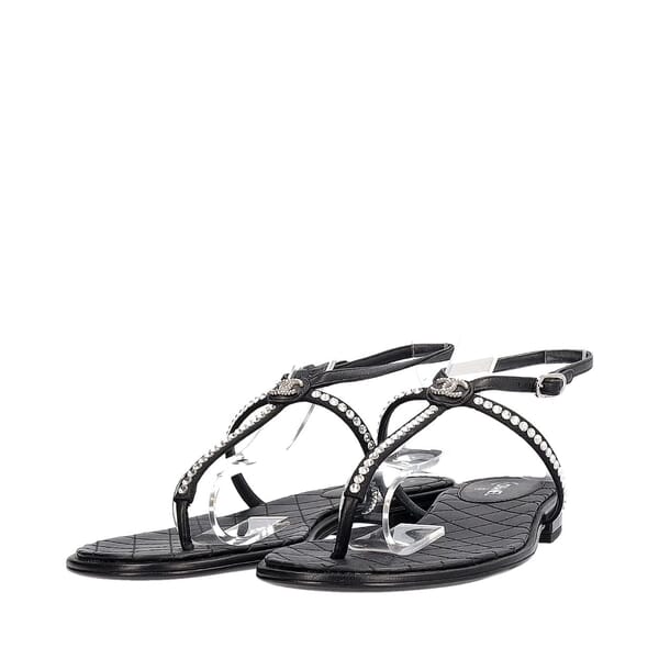 Leather Crystal Embellished Thong Sandals Black
