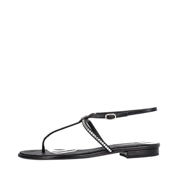 Leather Crystal Embellished Thong Sandals Black