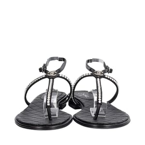 Leather Crystal Embellished Thong Sandals Black, view 3