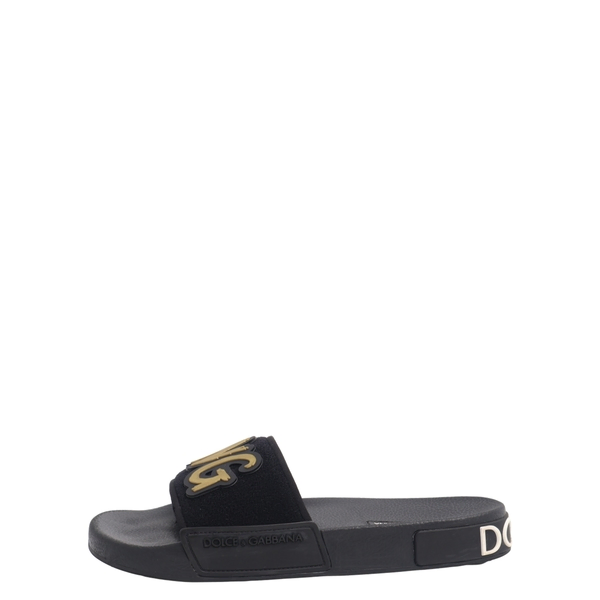 Mixed Material King Patch Slide Sandals Black