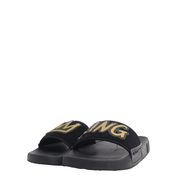 Mixed Material King Patch Slide Sandals Black