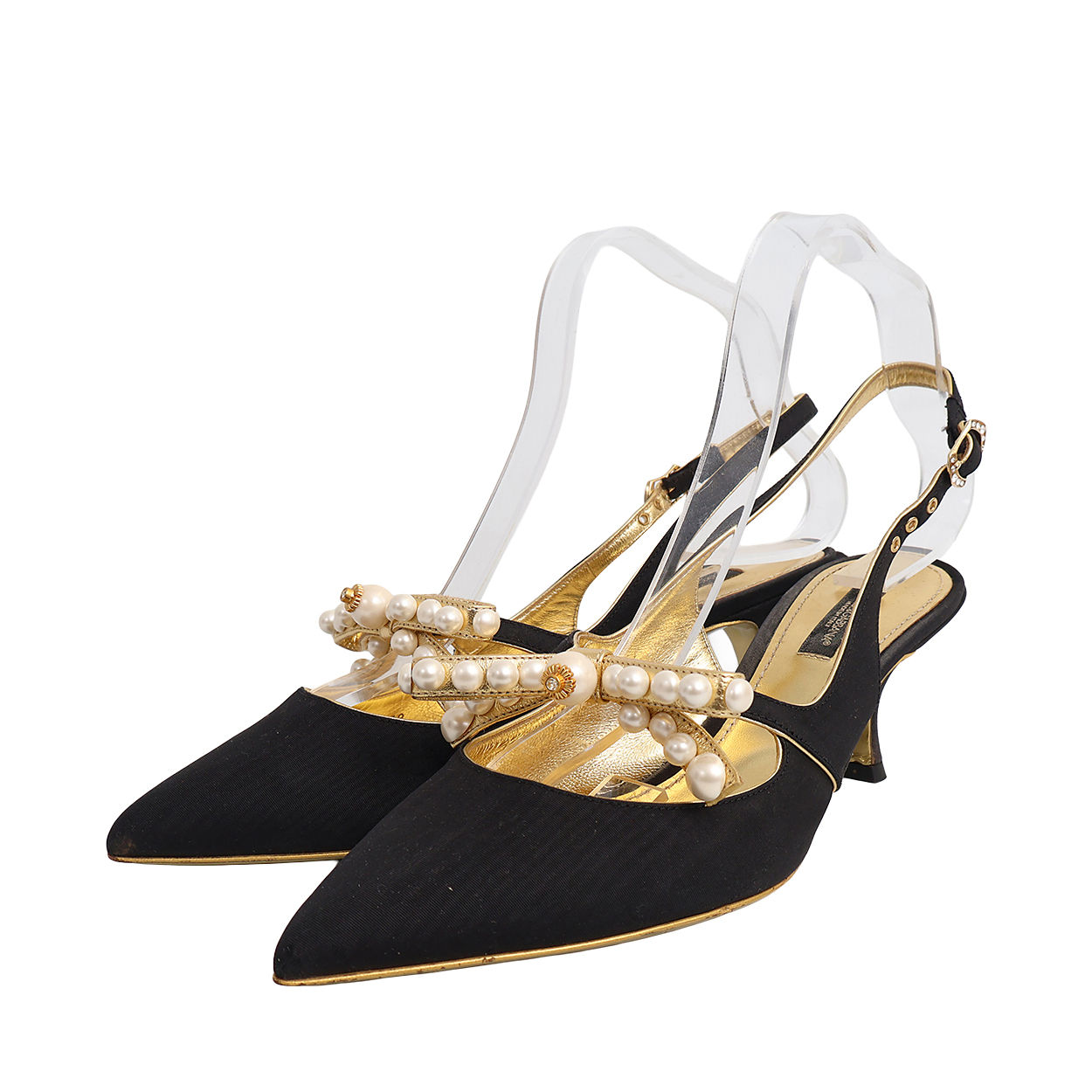 Fabric Pearl Bow Slingback Pumps Black/Gold