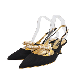 Fabric Pearl Bow Slingback Pumps Black/Gold