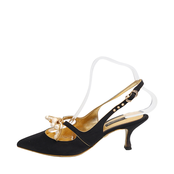 Fabric Pearl Bow Slingback Pumps Black/Gold
