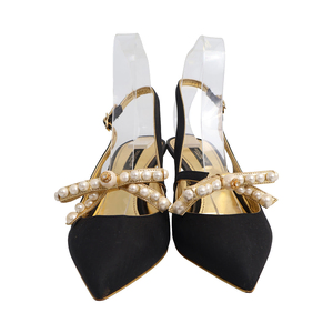 Fabric Pearl Bow Slingback Pumps Black/Gold, view 3
