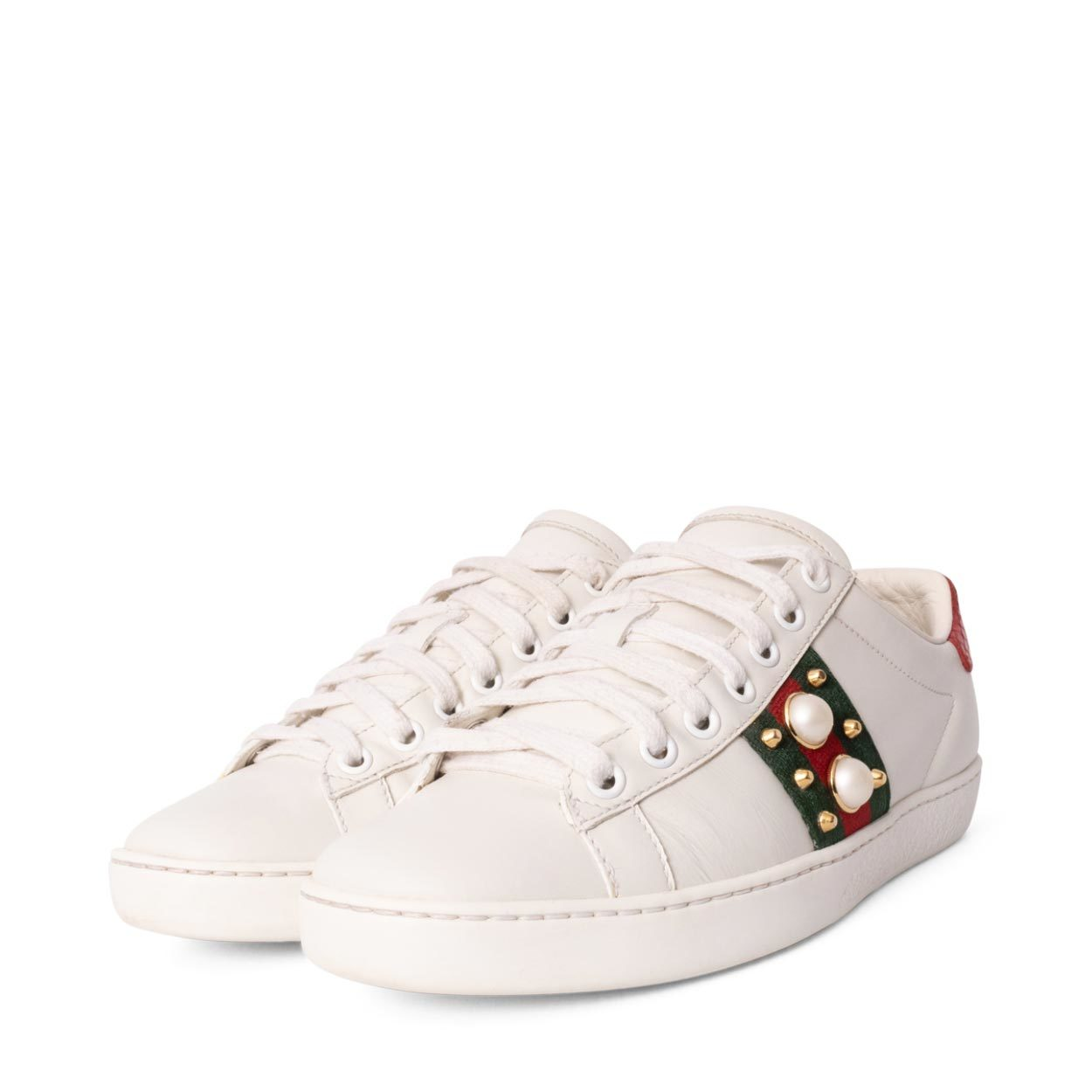 GUCCI Leather Ace Faux Pearl/Spike Sneakers White | Luxity